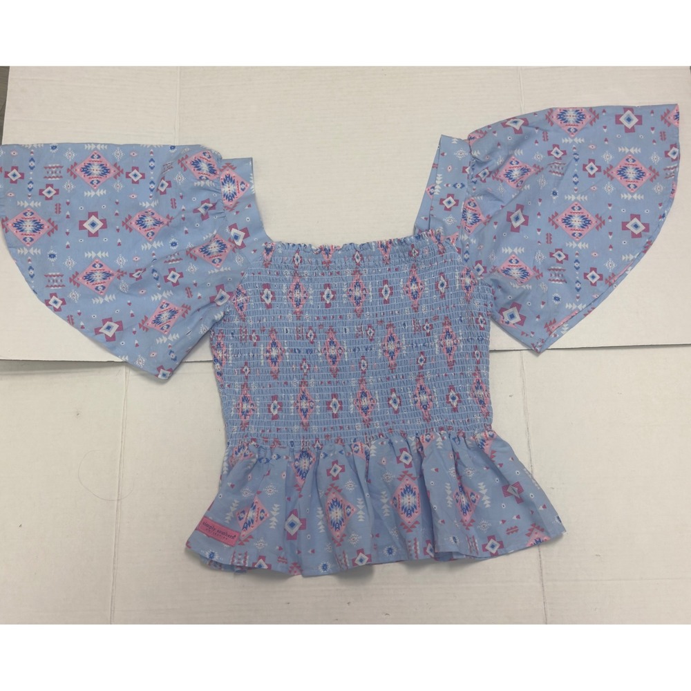 Simply Southern Peplum Top Womens M Blue Pink Aztec Smocked Flutter Sleeve - Picture 4 of 9